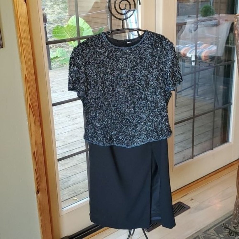 Adrianna Papell Boutique Evening Embellished 100% Silk Top & Lined Sz L/12 Skirt